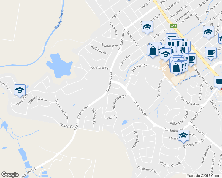 map of restaurants, bars, coffee shops, grocery stores, and more near 182 Brunswick Street in East Maitland