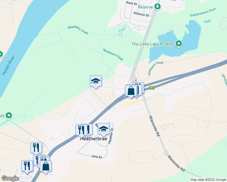 map of restaurants, bars, coffee shops, grocery stores, and more near Elkin Avenue in Heatherbrae