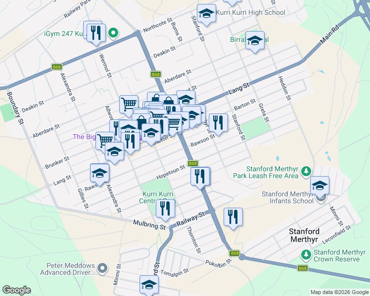 map of restaurants, bars, coffee shops, grocery stores, and more near Rawson Street in Kurri Kurri
