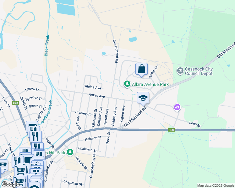 map of restaurants, bars, coffee shops, grocery stores, and more near 68 Anzac Avenue in Cessnock