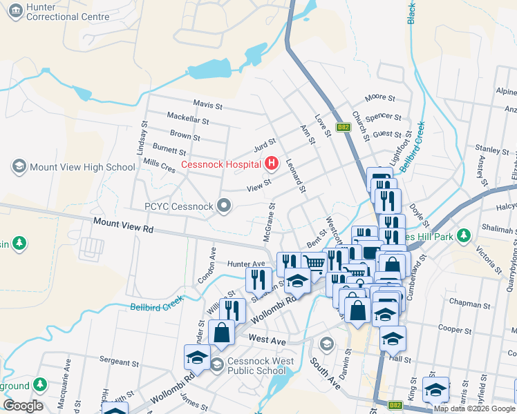 map of restaurants, bars, coffee shops, grocery stores, and more near 4 Fairview Place in Cessnock