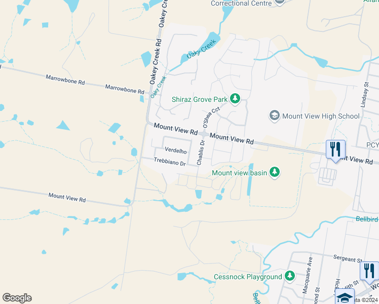 map of restaurants, bars, coffee shops, grocery stores, and more near 11 Tempranillo Crescent in Cessnock