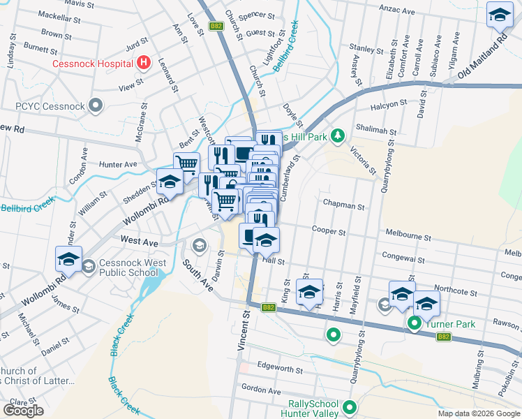 map of restaurants, bars, coffee shops, grocery stores, and more near 105 Vincent Street in Cessnock