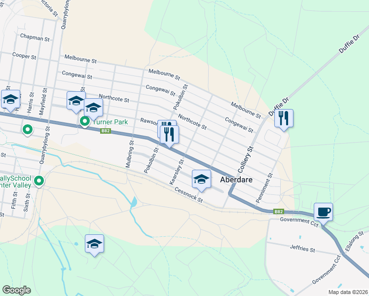 map of restaurants, bars, coffee shops, grocery stores, and more near 29 Kearsley Street in Aberdare