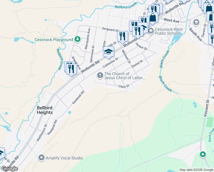map of restaurants, bars, coffee shops, grocery stores, and more near 43 Clare Street in Cessnock