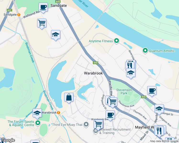 map of restaurants, bars, coffee shops, grocery stores, and more near 50 Angophora Drive in Warabrook