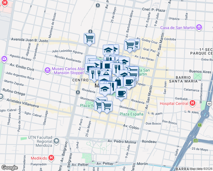 map of restaurants, bars, coffee shops, grocery stores, and more near in Mendoza