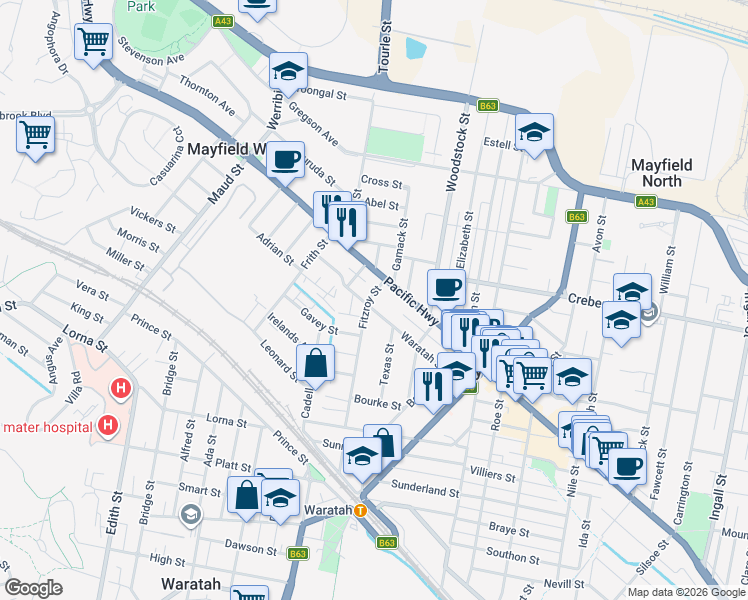 map of restaurants, bars, coffee shops, grocery stores, and more near 8 Fitzroy Street in Mayfield
