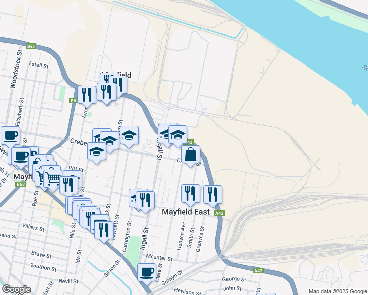 map of restaurants, bars, coffee shops, grocery stores, and more near 24 Crebert Street in Mayfield East