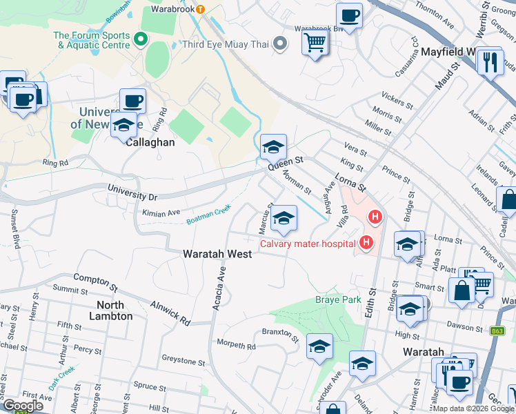 map of restaurants, bars, coffee shops, grocery stores, and more near 6 Coronation Street in Waratah West
