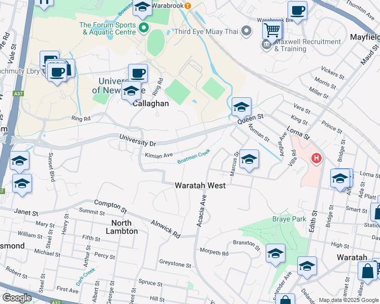 map of restaurants, bars, coffee shops, grocery stores, and more near 25 Kimian Avenue in Waratah West