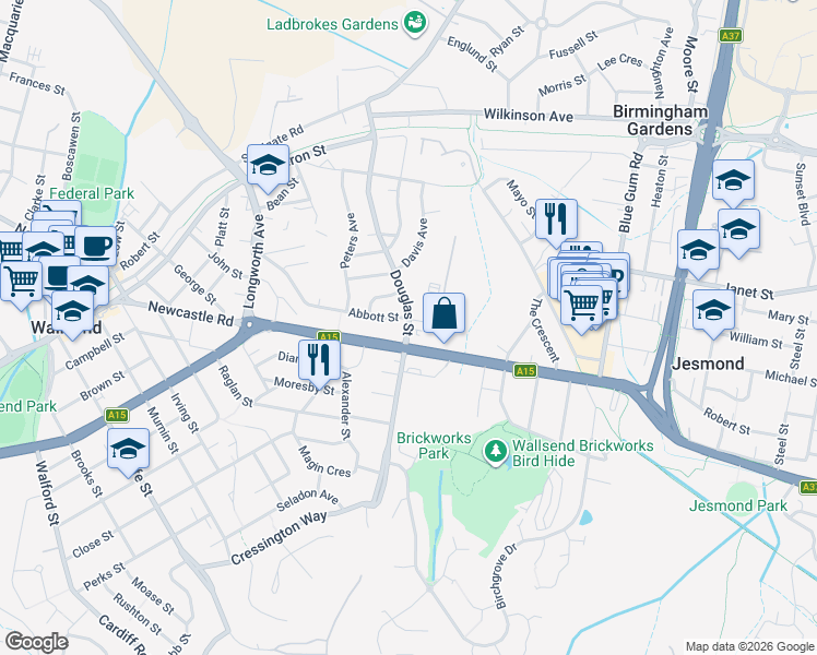 map of restaurants, bars, coffee shops, grocery stores, and more near Douglas Street in Wallsend