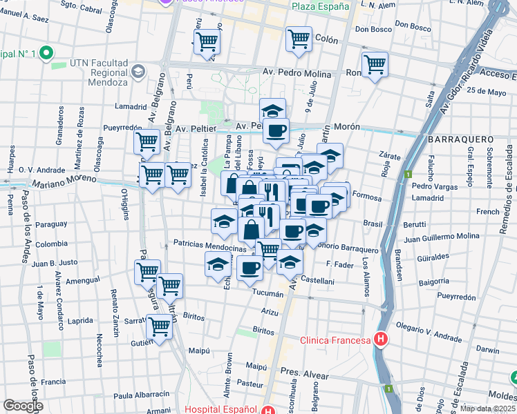 map of restaurants, bars, coffee shops, grocery stores, and more near 7 Avenida España in Mendoza