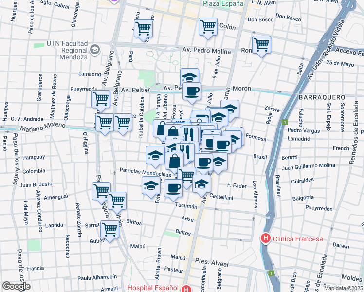 map of restaurants, bars, coffee shops, grocery stores, and more near 7 Avenida España in Mendoza