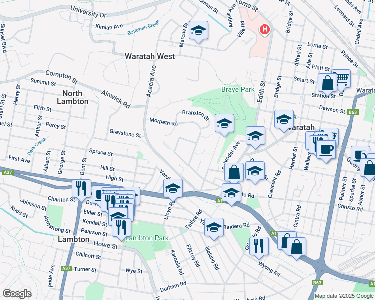 map of restaurants, bars, coffee shops, grocery stores, and more near 10 Morpeth Road in Waratah West