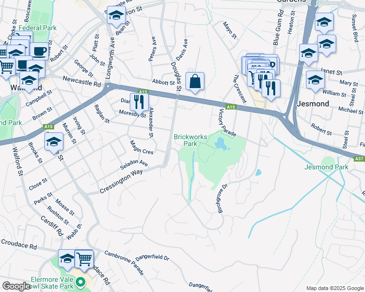 map of restaurants, bars, coffee shops, grocery stores, and more near Iranda Grove in Wallsend
