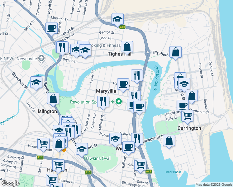 map of restaurants, bars, coffee shops, grocery stores, and more near 39 Downie Street in Maryville