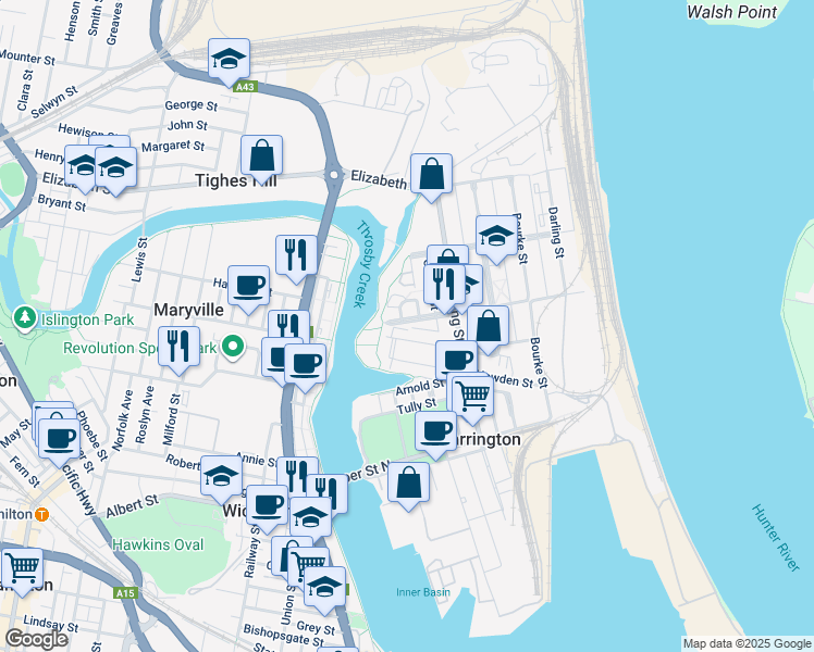 map of restaurants, bars, coffee shops, grocery stores, and more near 2A Robertson Street in Carrington
