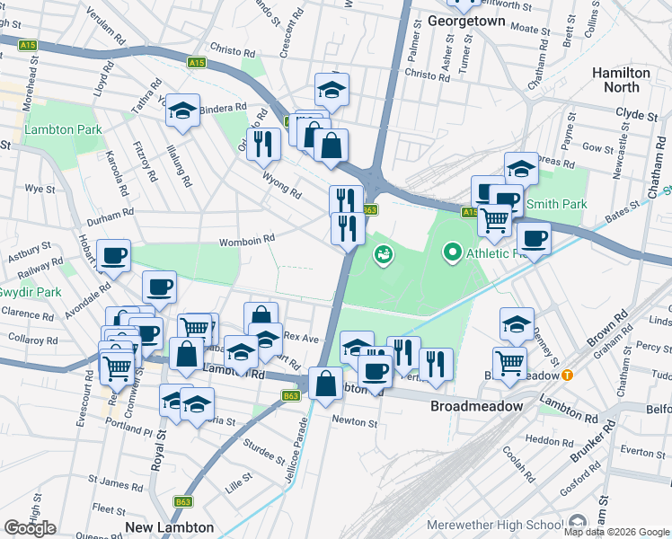 map of restaurants, bars, coffee shops, grocery stores, and more near 303 Turton Road in New Lambton