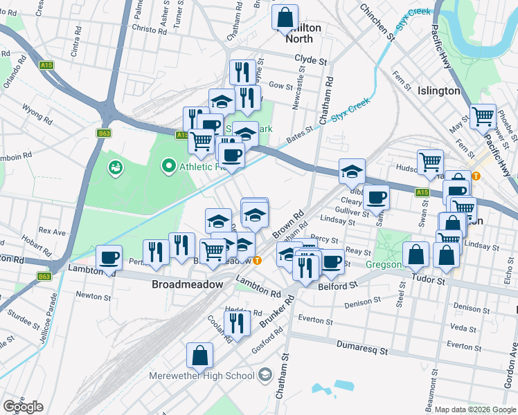 map of restaurants, bars, coffee shops, grocery stores, and more near 1A Curley Road in Broadmeadow