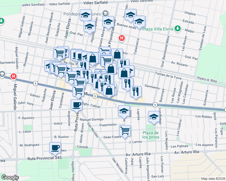 map of restaurants, bars, coffee shops, grocery stores, and more near 1250 San José in Funes