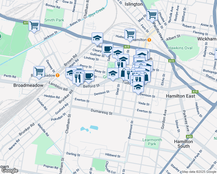 map of restaurants, bars, coffee shops, grocery stores, and more near 1 Dixon Street in Hamilton