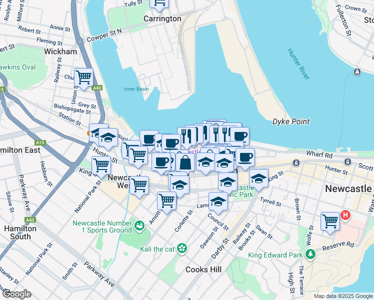 map of restaurants, bars, coffee shops, grocery stores, and more near 19 Honeysuckle Drive in Newcastle