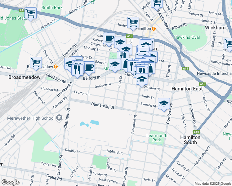 map of restaurants, bars, coffee shops, grocery stores, and more near 12 Steel Street in Hamilton