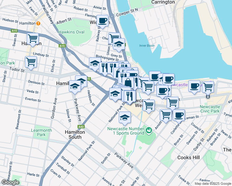 map of restaurants, bars, coffee shops, grocery stores, and more near 2 Stewart Avenue in Newcastle West