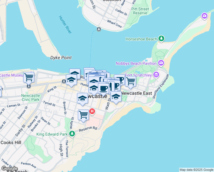 map of restaurants, bars, coffee shops, grocery stores, and more near 111 Scott Street in Newcastle