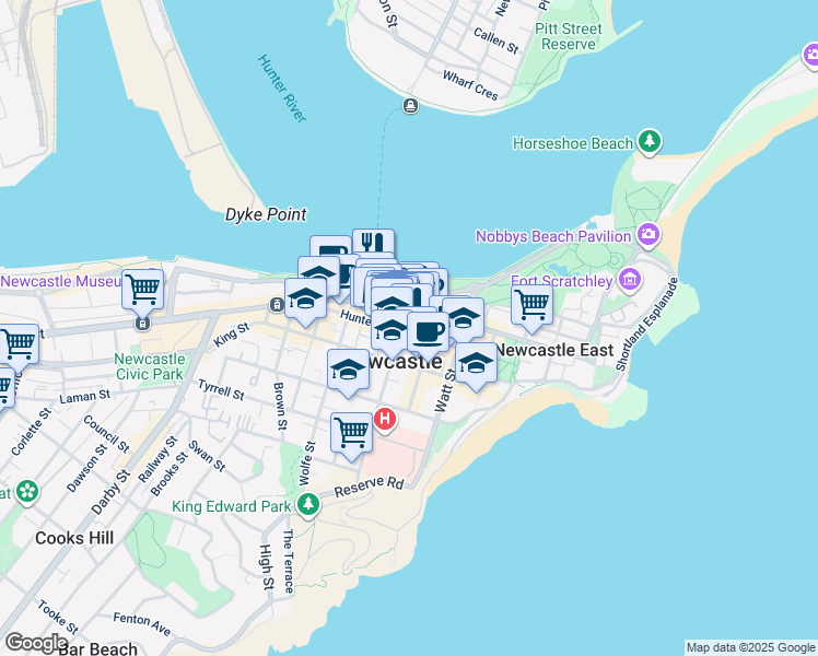 map of restaurants, bars, coffee shops, grocery stores, and more near 122 Hunter Street in Newcastle
