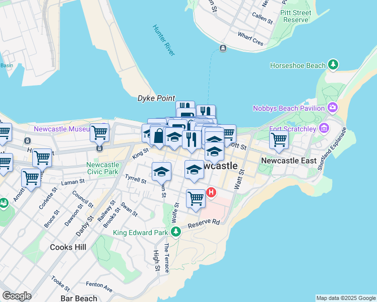 map of restaurants, bars, coffee shops, grocery stores, and more near in Bar Beach