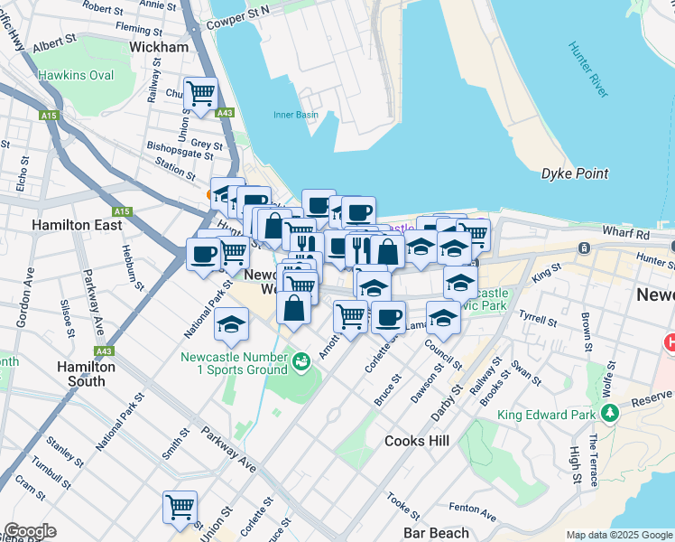 map of restaurants, bars, coffee shops, grocery stores, and more near 591 Hunter Street in Newcastle West