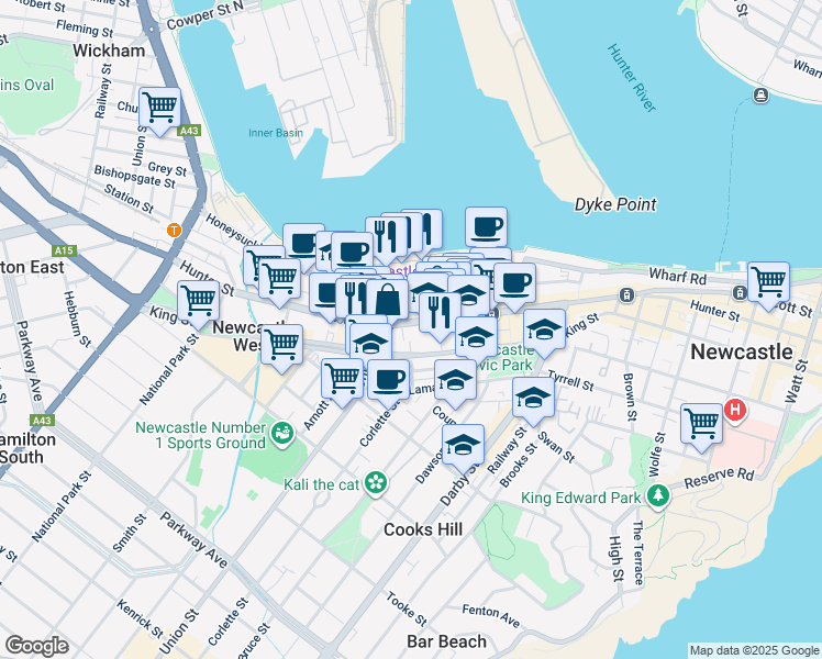 map of restaurants, bars, coffee shops, grocery stores, and more near 489 Hunter Street in Newcastle