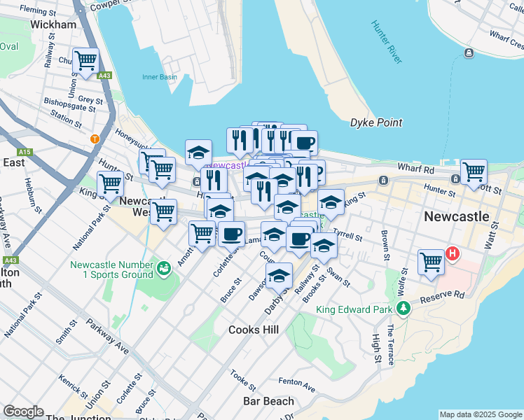 map of restaurants, bars, coffee shops, grocery stores, and more near 328 King Street in Newcastle
