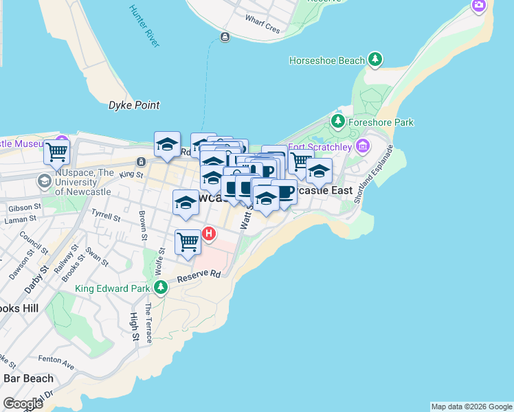 map of restaurants, bars, coffee shops, grocery stores, and more near 8 King Street in Newcastle