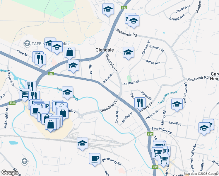 map of restaurants, bars, coffee shops, grocery stores, and more near 451 Main Road in Glendale