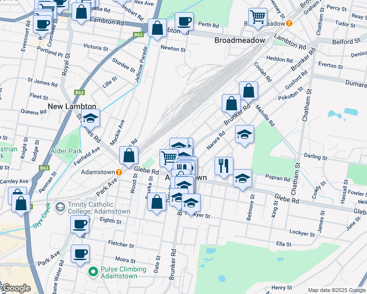 map of restaurants, bars, coffee shops, grocery stores, and more near 151 Teralba Road in Adamstown