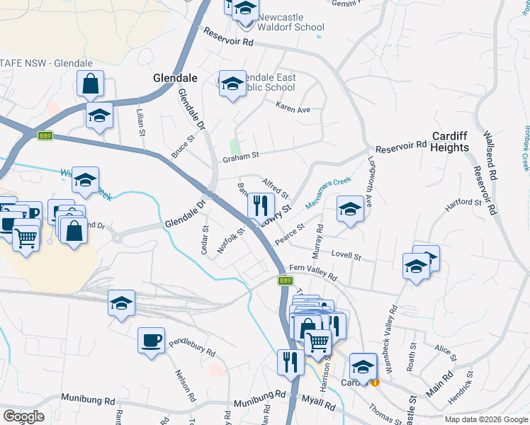 map of restaurants, bars, coffee shops, grocery stores, and more near 2 Bancroft Street in Glendale