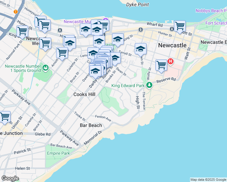 map of restaurants, bars, coffee shops, grocery stores, and more near 16 Nesca Parade in The Hill