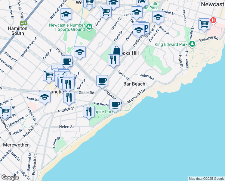 map of restaurants, bars, coffee shops, grocery stores, and more near 171 Brooks Street in Bar Beach