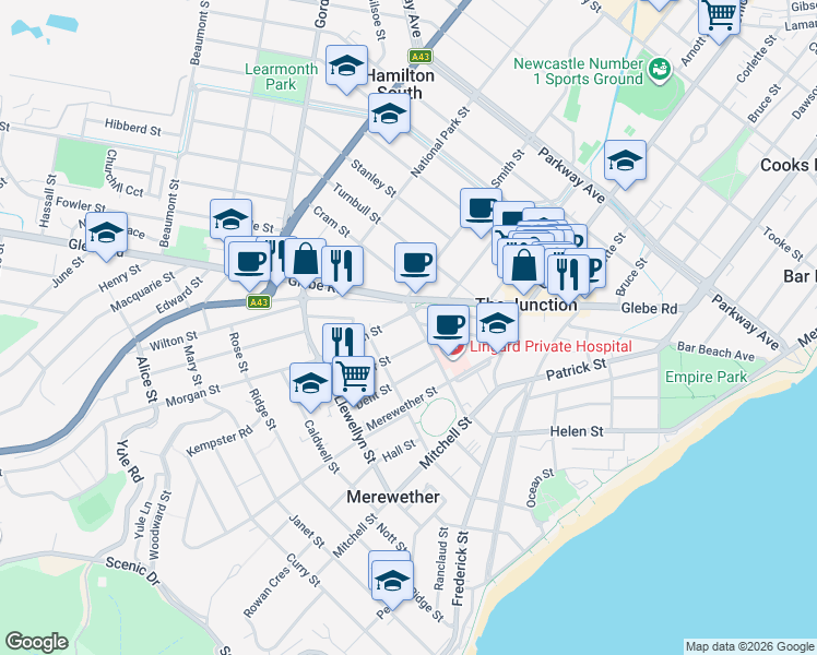 map of restaurants, bars, coffee shops, grocery stores, and more near 7 Morgan Street in Merewether