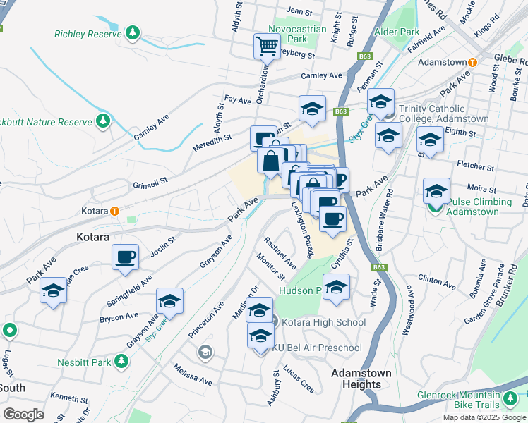 map of restaurants, bars, coffee shops, grocery stores, and more near 95 Park Avenue in Kotara