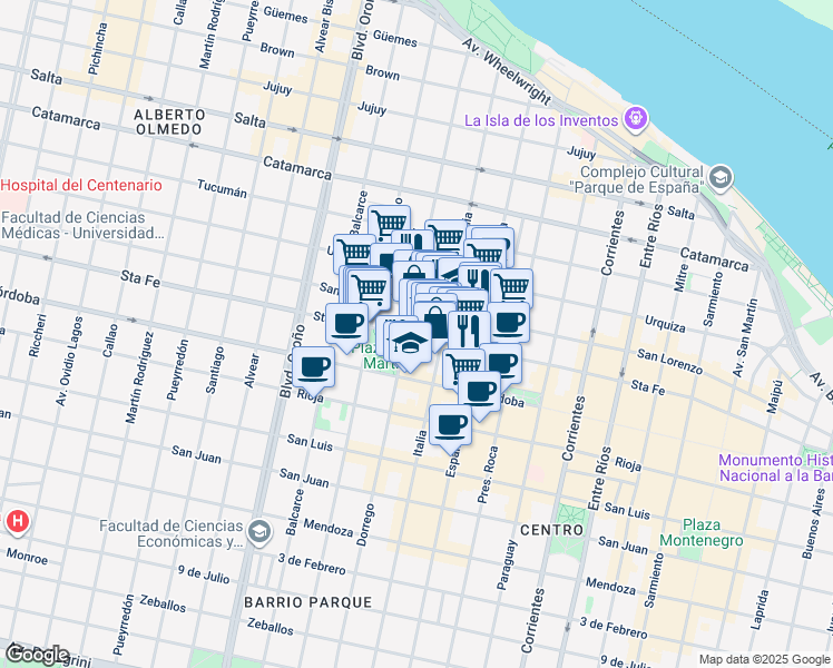 map of restaurants, bars, coffee shops, grocery stores, and more near 1874 Santa Fe in AUD