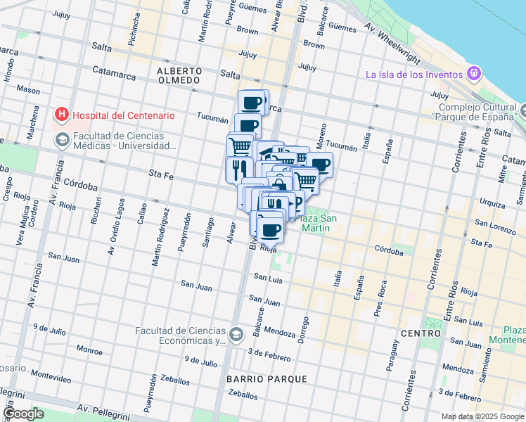 map of restaurants, bars, coffee shops, grocery stores, and more near 759 Boulevard Oroño in Rosario