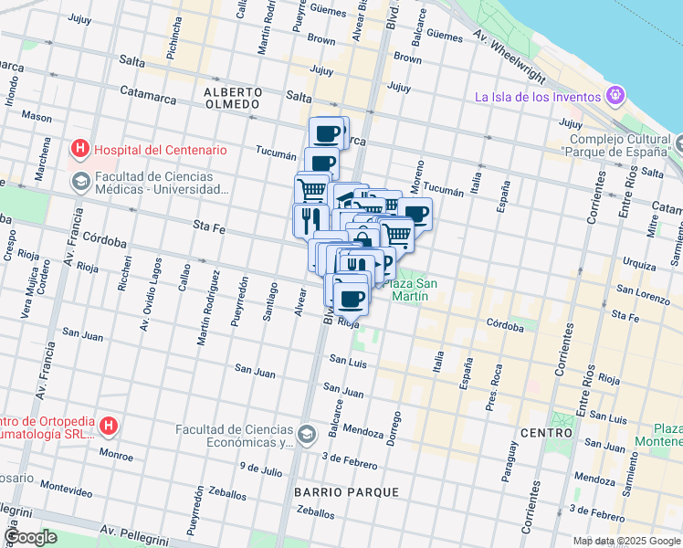 map of restaurants, bars, coffee shops, grocery stores, and more near 759 Boulevard Oroño in Rosario