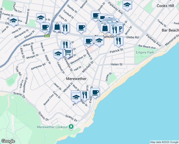 map of restaurants, bars, coffee shops, grocery stores, and more near 30 Berner Street in Merewether