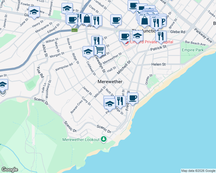 map of restaurants, bars, coffee shops, grocery stores, and more near 87 Mitchell Street in Merewether