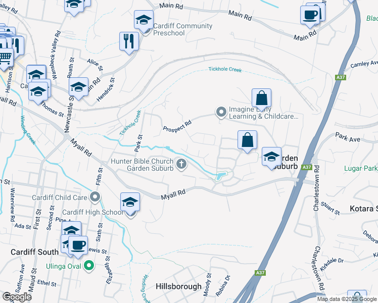 map of restaurants, bars, coffee shops, grocery stores, and more near 54 Gymea Drive in Garden Suburb