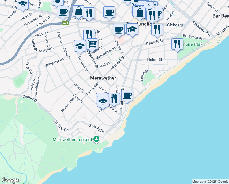 map of restaurants, bars, coffee shops, grocery stores, and more near 9 Ranclaud Street in Merewether